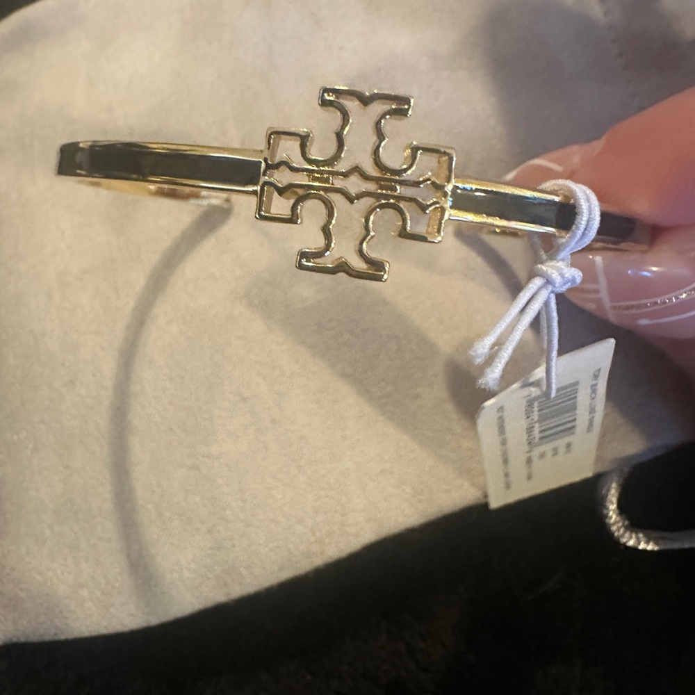 NWT Tory Burch Gold and Black Designer Logo Bangle Cuff Bracelet